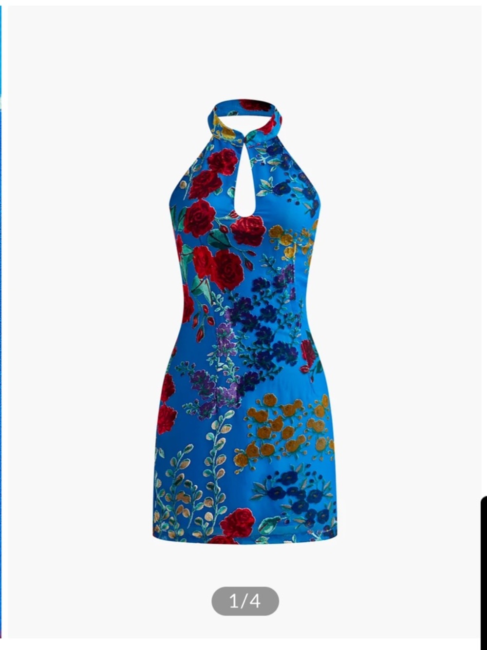 Commense Blue Velvet Jacquard Floral Backless Halter Dress NWT